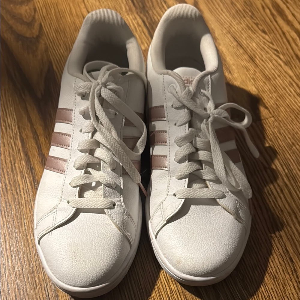 Adidas White Leather Sneakers with Shell Toe and Pink Stripes